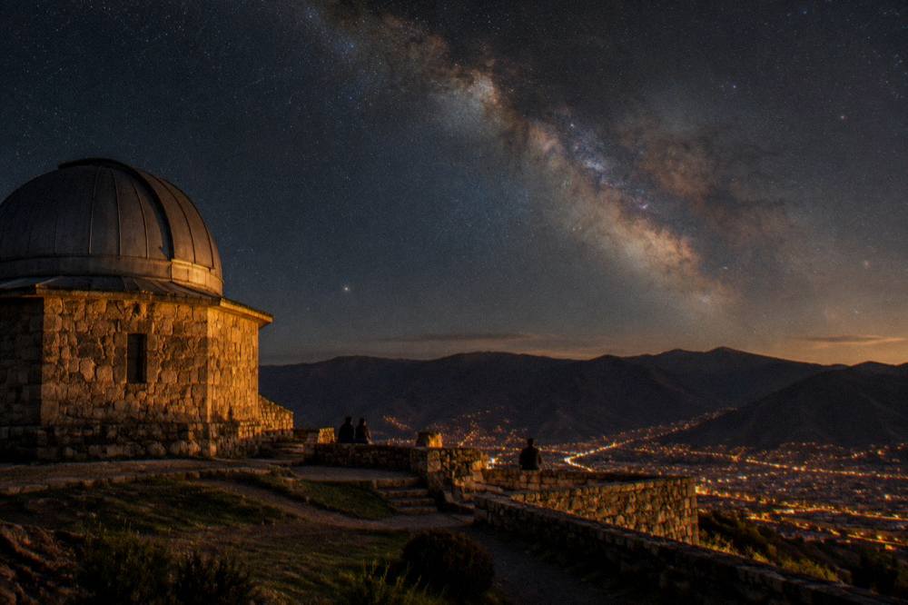 The Milky Way arching over dark Andean hills with the faint glow of a city below
