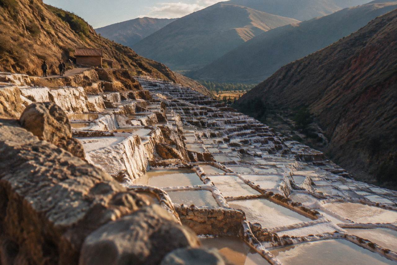 Terraced salt pans stacked down a hillside near Maras in the Sacred Valley of Peru