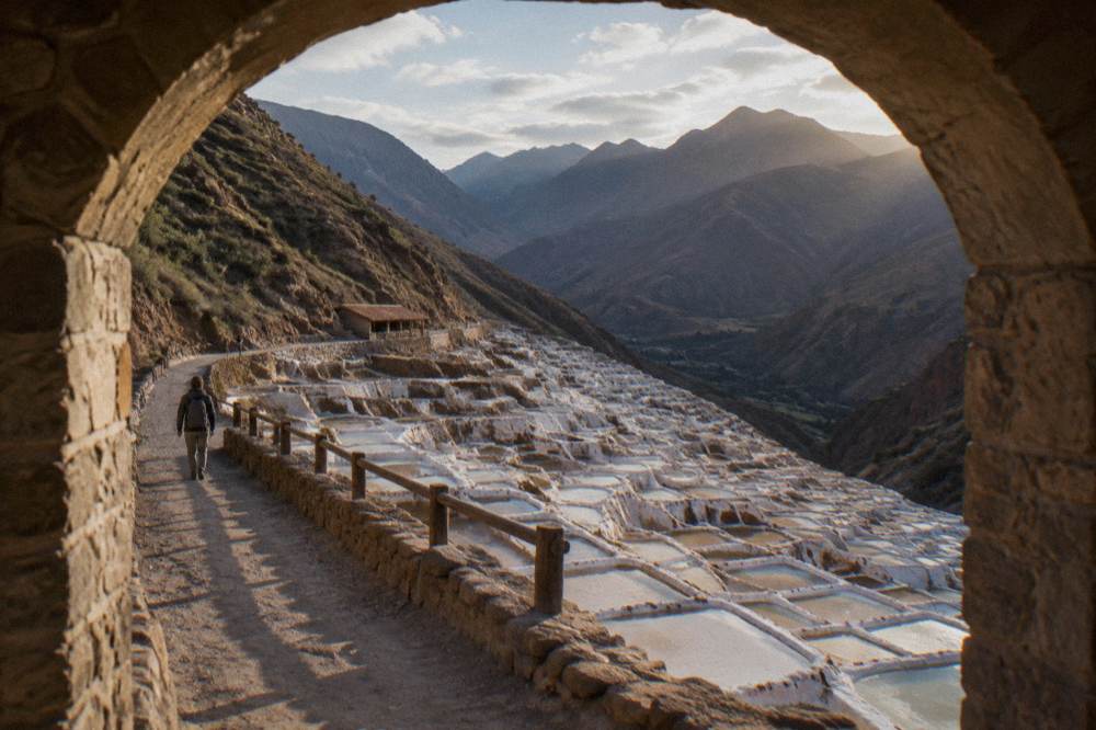 Walkway along the top of the salt terraces with a wide view over the white pans