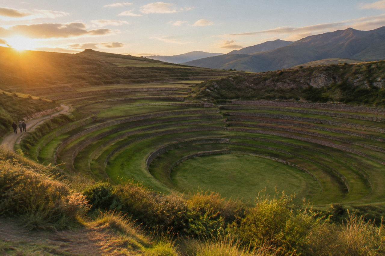 Concentric circular terrace rings of Moray set into a green Andean plateau under a wide sky