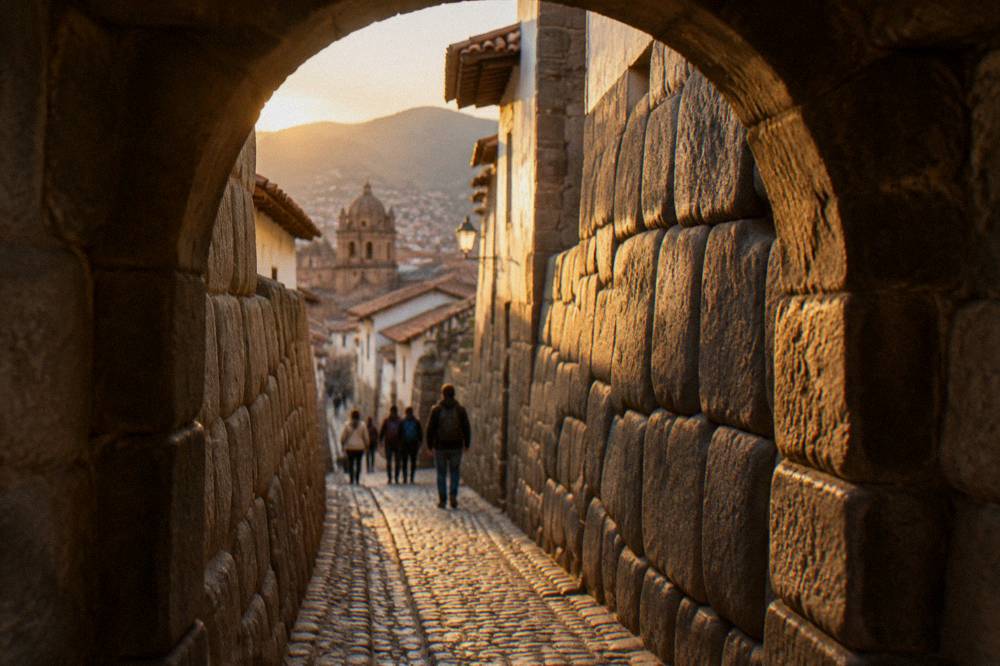 A narrow Inca-walled street in central Cusco with tourists walking between stone walls