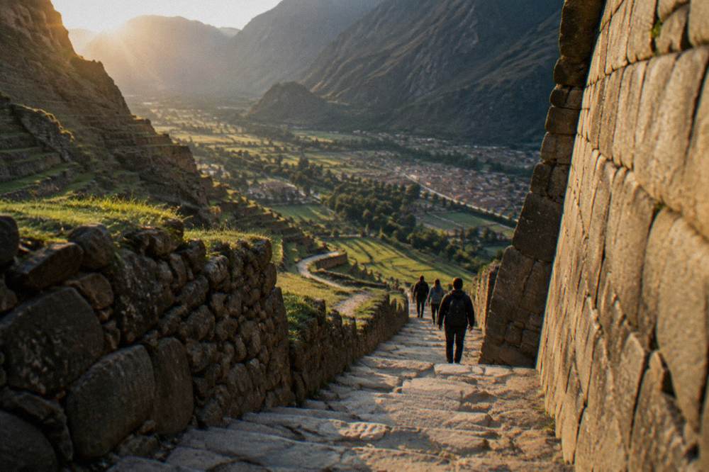 Walkers climbing stone stairs between high terraced walls with the valley opening below