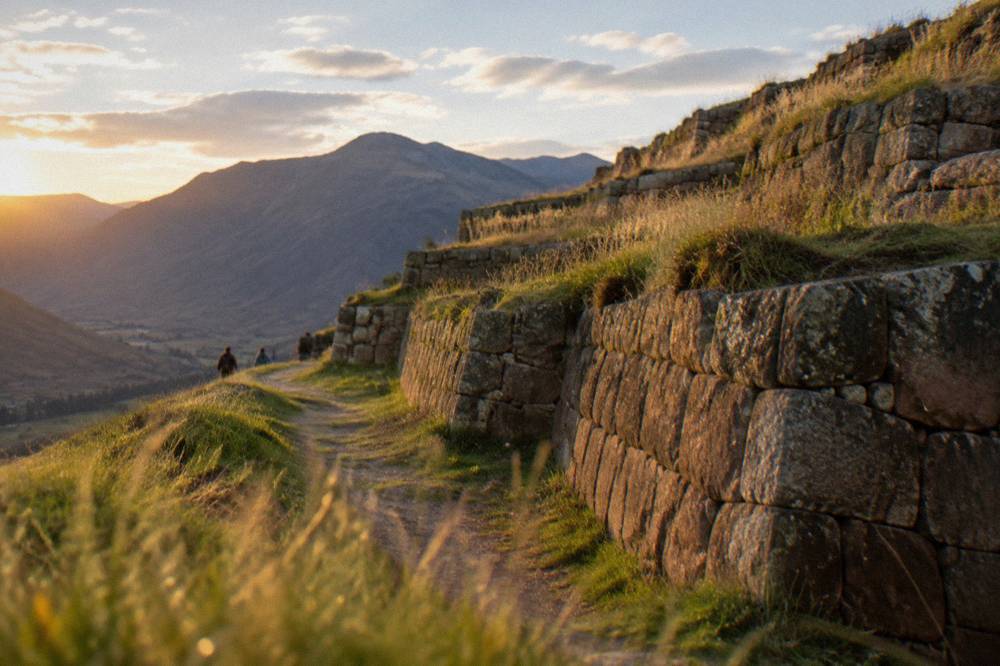 Stone retaining walls of an Inca terrace with grass tufts and open sky