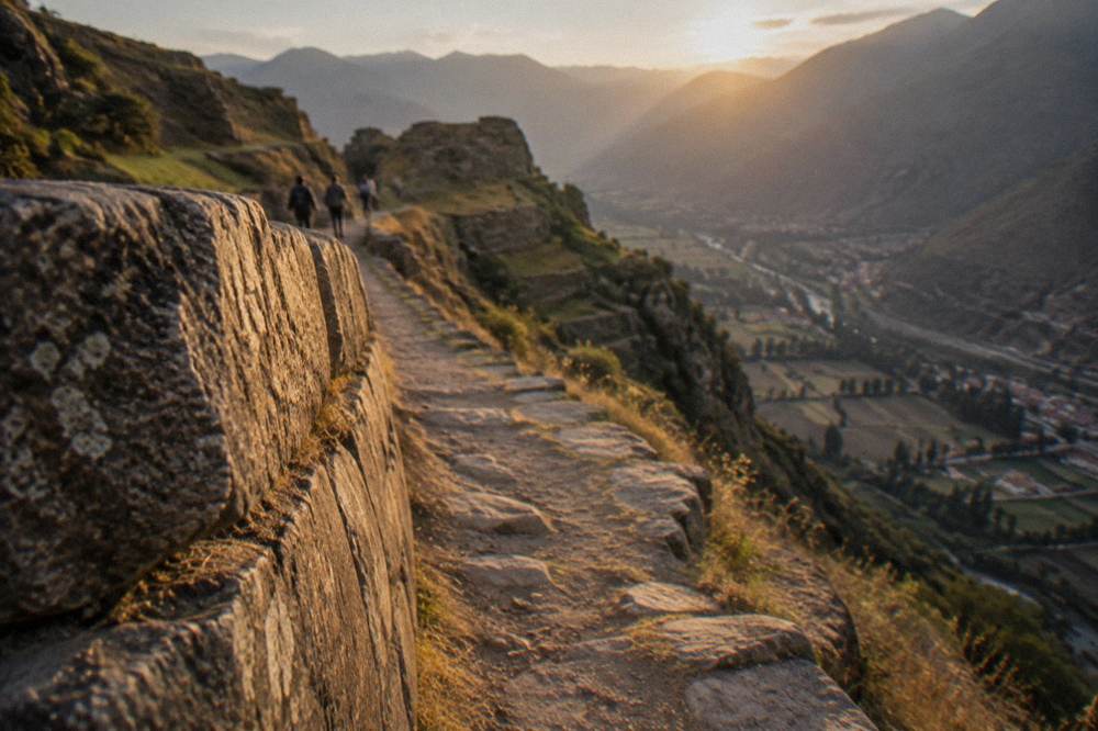 A ridge path along an Inca site with the valley far below