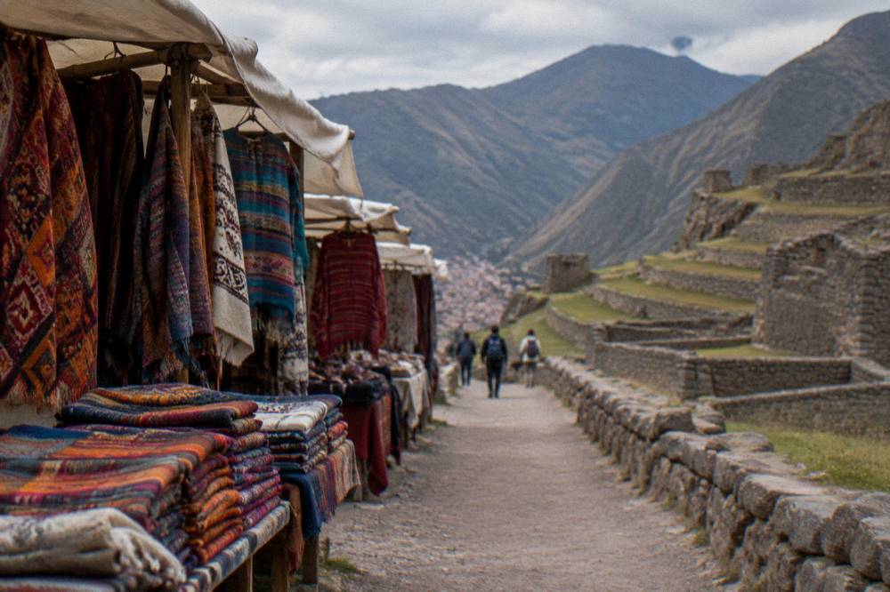 Market stalls with folded woven textiles and blankets in bright colours