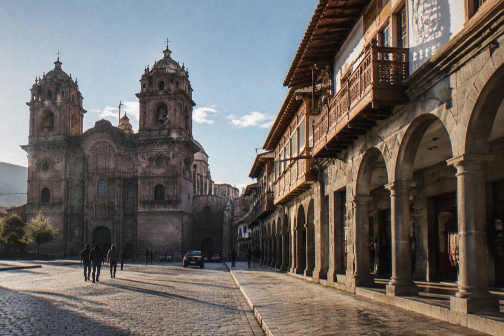 The stone arcades along one side of the square with shops and balconies above