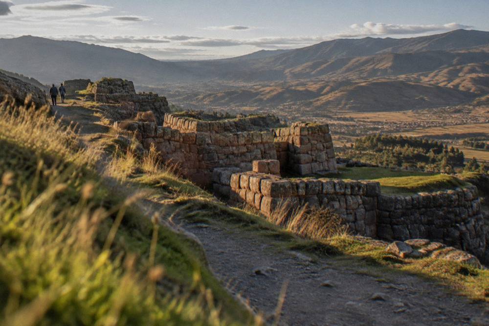 Late afternoon sunlight warming reddish stone walls at an Inca site with a valley below