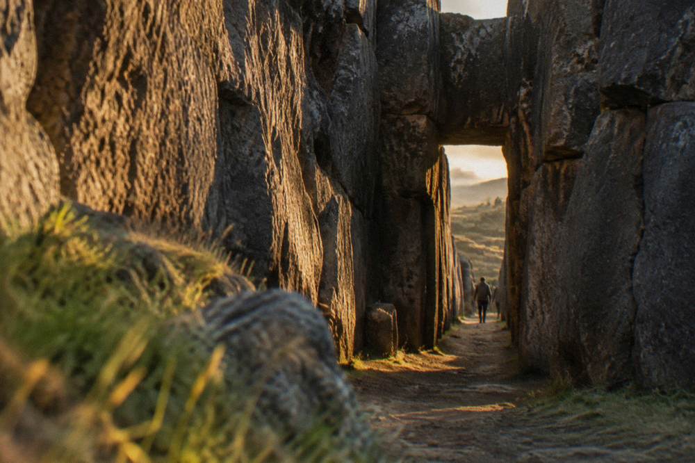 A narrow carved passageway through natural limestone with daylight at the far end