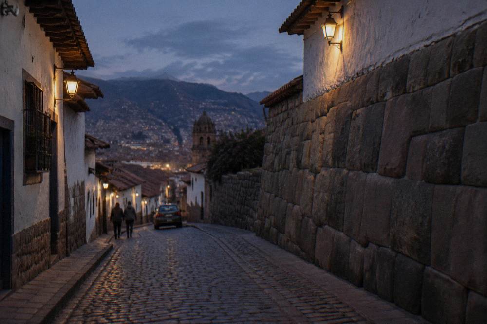 A quiet cobbled courtyard in the historic centre of Cusco with Inca walls on one side