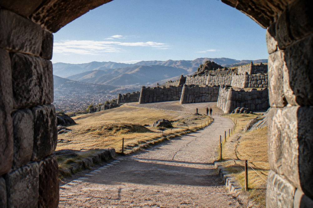 A broad grassed esplanade on a hilltop with rolling Andean ridges behind it