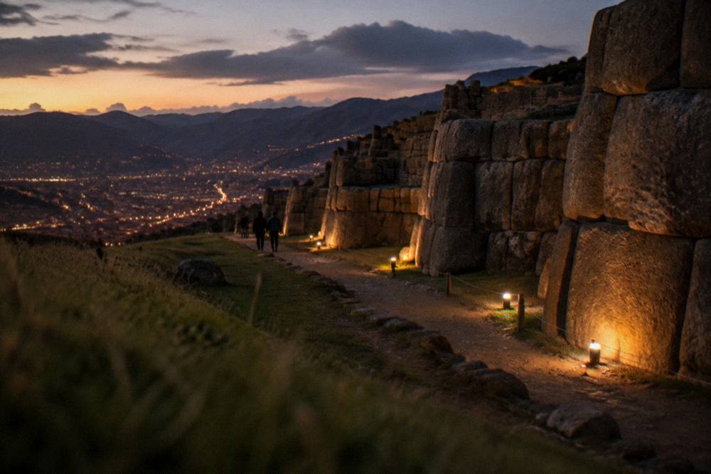 Evening light over a high Andean valley with a city spread along the floor
