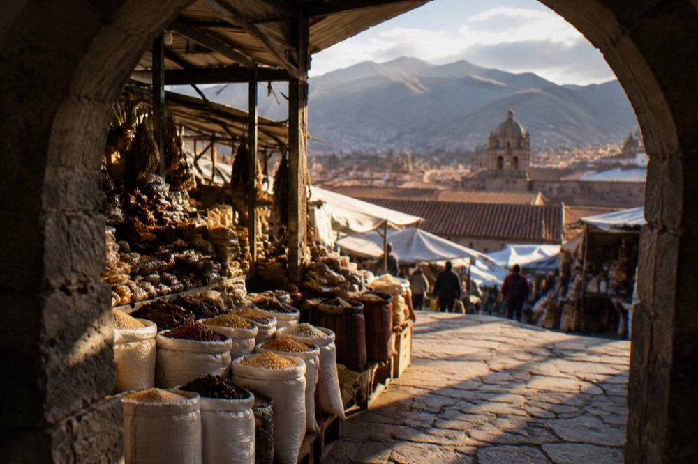 A colonial church tower rising above red tiled rooftops near a market street in Cusco