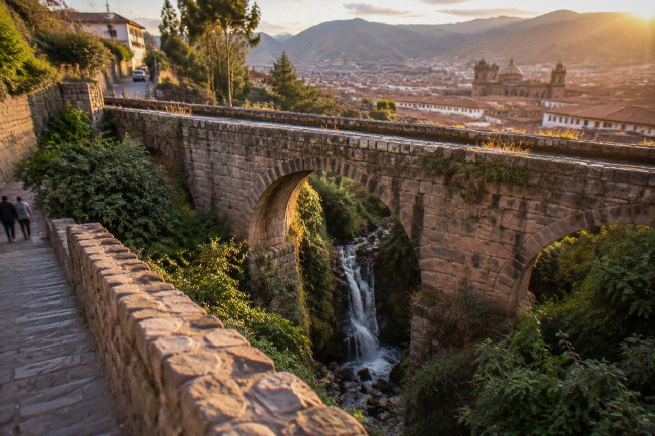 A stone arch aqueduct spanning a green ravine with a small waterfall falling beneath it