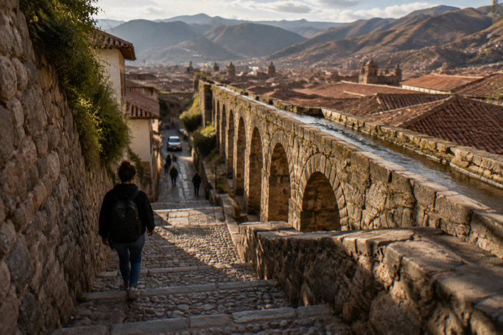 A visitor walking slowly down a stepped cobbled lane between stone walls