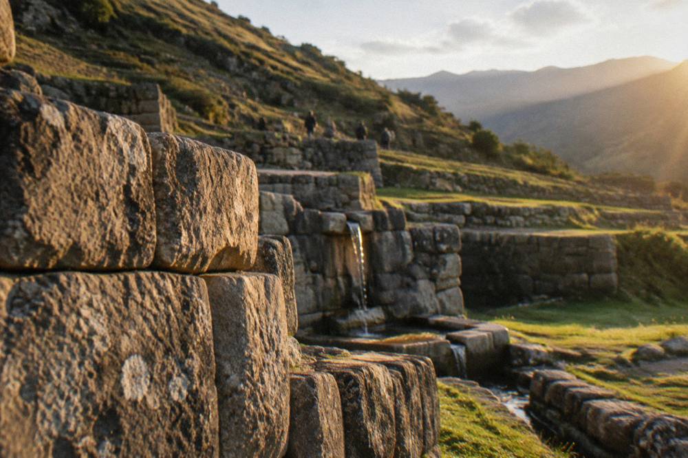 Morning light over the terraced hillside at Tambomachay near Cusco