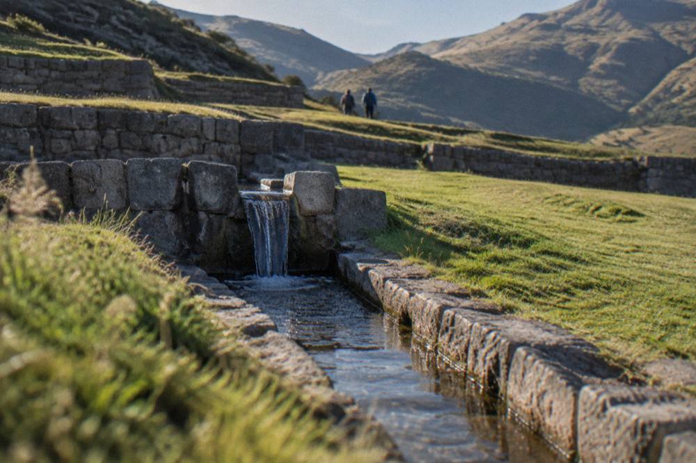A stone-lined water channel running through green grass at Tipon with a small fountain