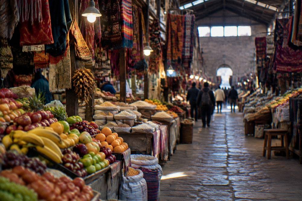 A busy indoor market hall with stalls of fruit, grains and hanging textiles under warm lamps