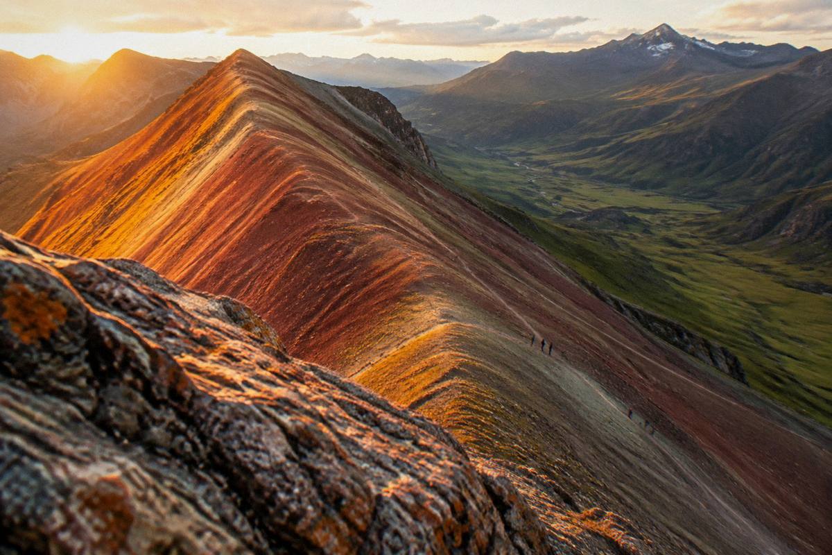 A rust-red and orange striped ridge above a high green valley, a faint trail along the slope, a few tiny hikers far away, Pallay Punchu