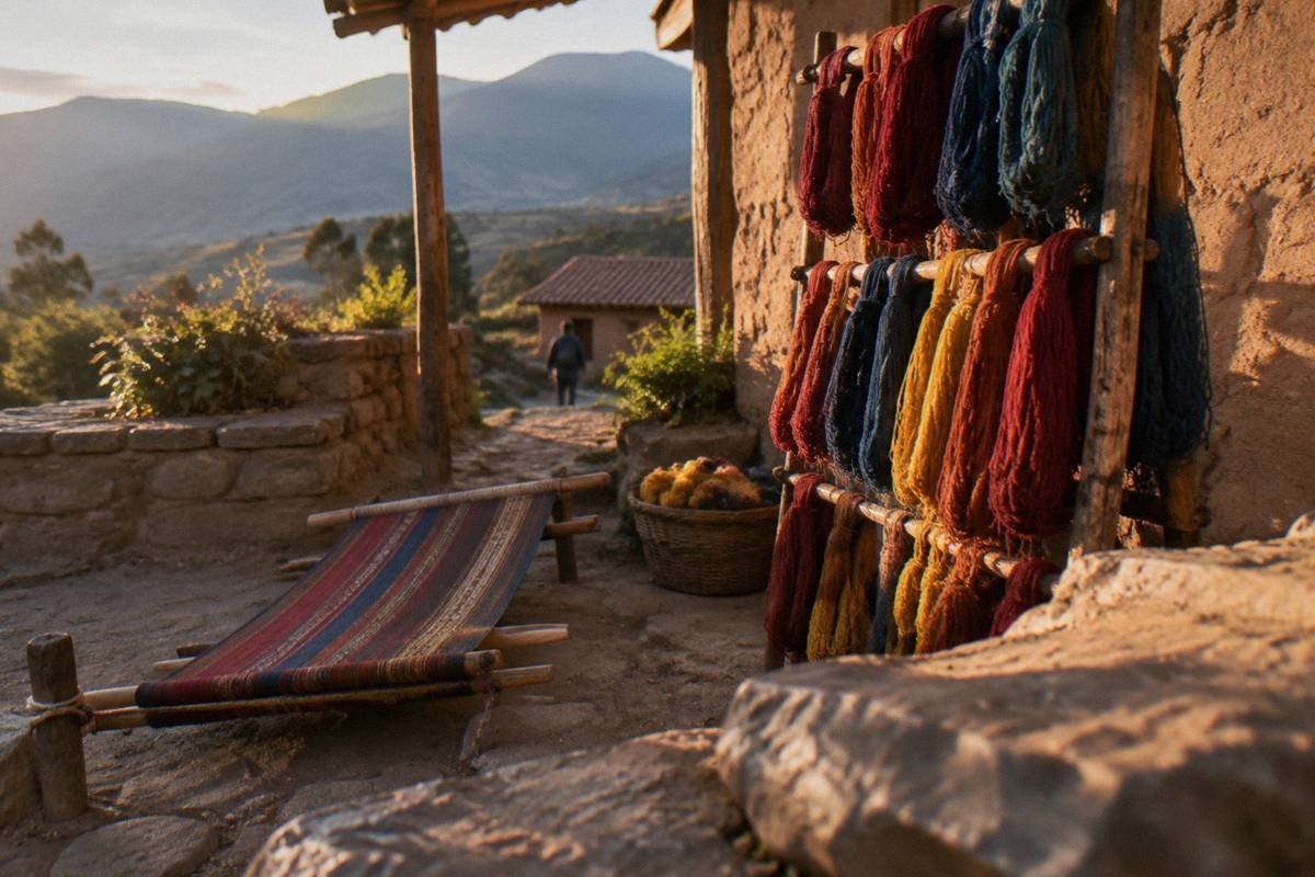 Skeins of naturally dyed wool in reds, blues and yellows on a wooden rack beside an adobe wall, a backstrap loom on the ground, nobody at it, Andean Colors textile class