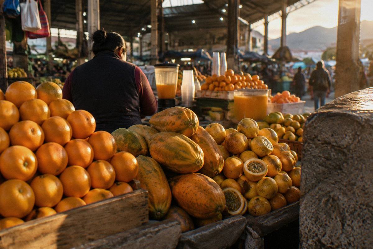 A fruit and juice stall in a covered market, pyramids of oranges, papaya and granadilla, a vendor seen from behind, San Pedro Market
