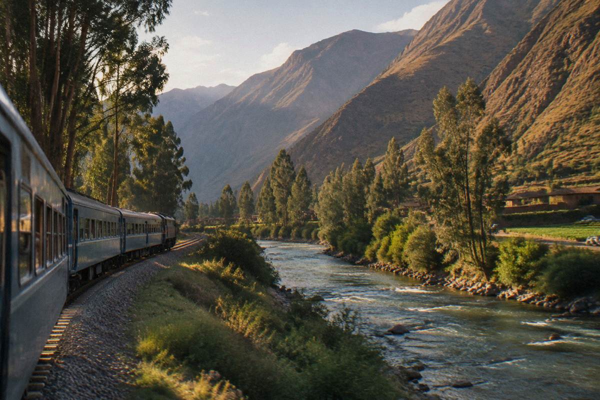 A plain passenger train on a single track running through the green Urubamba valley beside the river, steep mountains and eucalyptus either side