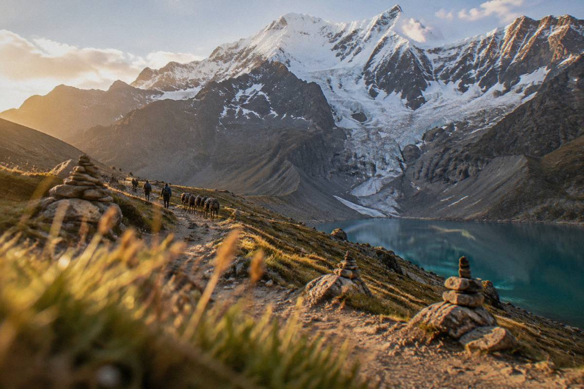 A trail across a high mountain pass with stone cairns below a huge glaciated peak, a few small distant hikers and a mule train, Humantay Lake