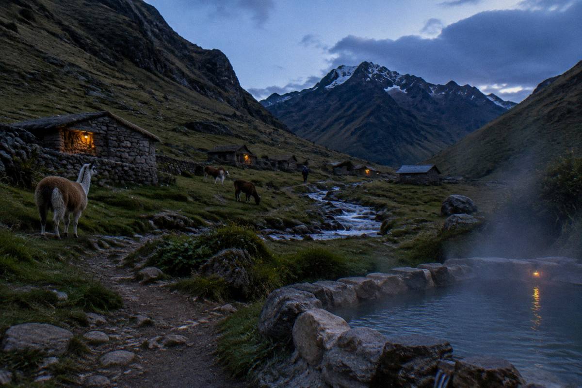 A foot trail through a high green valley with a stream, stone huts, llamas, and a small steaming hot-spring pool on the bank, Lares valley