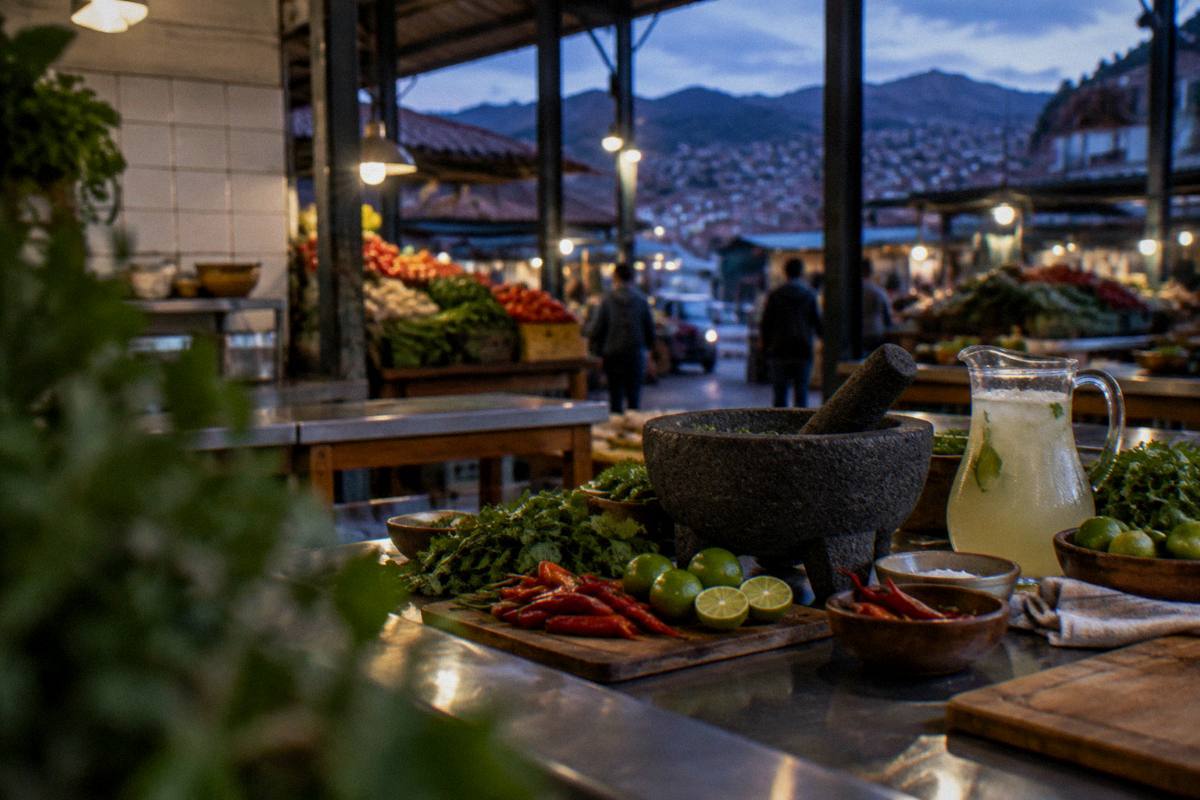 A cooking-class counter with fresh chilli, limes and herbs and a pitcher of pisco cocktail beside a stone mortar in a bright kitchen, no one in frame, San Pedro Market
