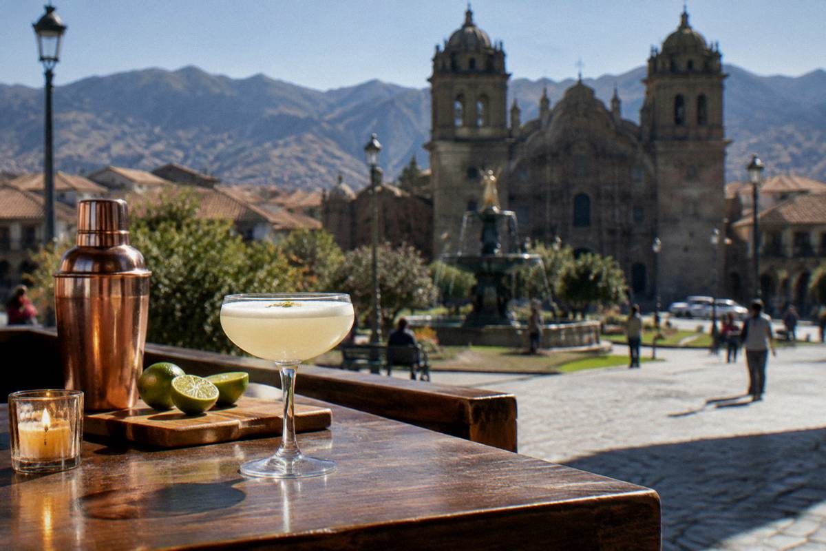 A dark wood bar counter with a copper shaker, lime halves and a frothy white cocktail in a coupe glass, candlelit, no bottles in view, Plaza Regocijo