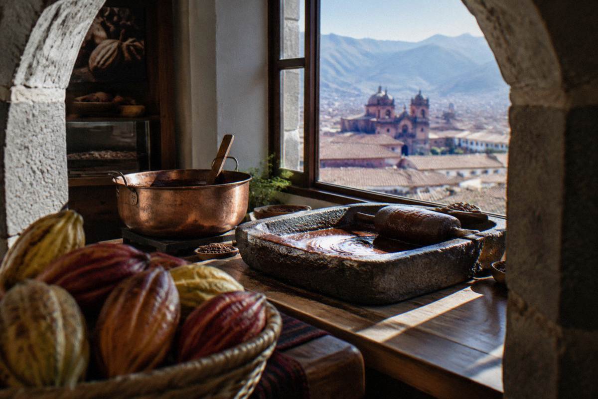 A copper pot and a stone grinding tray with melted dark chocolate on a workshop counter beside a window, cacao pods in the foreground