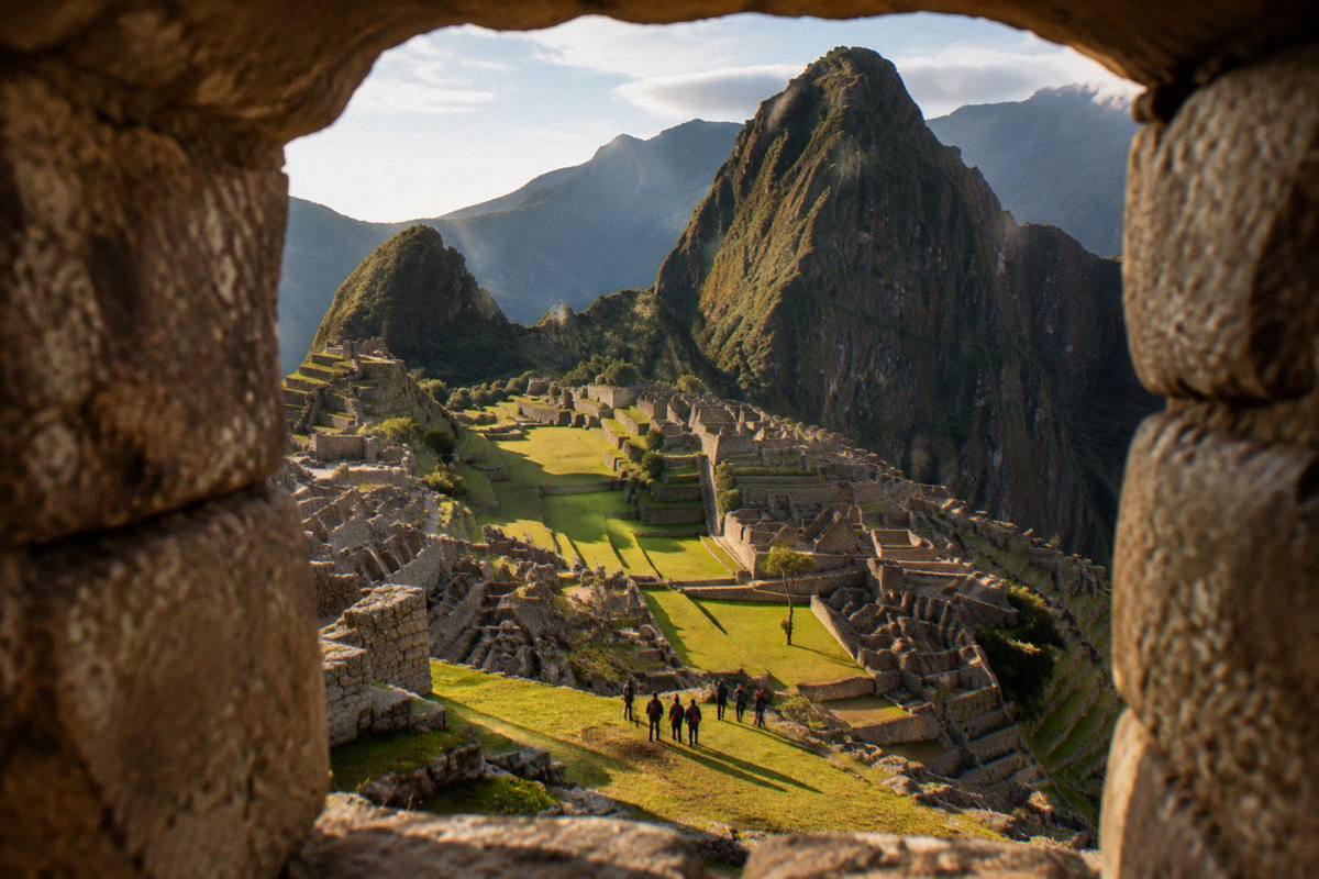 A small group of tiny visitors with a guide on a grassy terrace among the Machu Picchu stone ruins, seen from far above and behind