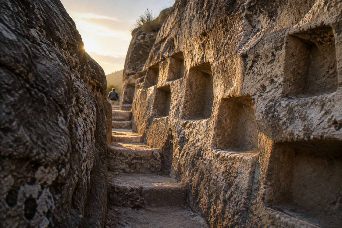 A narrow carved passage in the limestone outcrop of Q'enqo, stepped niches cut into pale stone, light falling from above