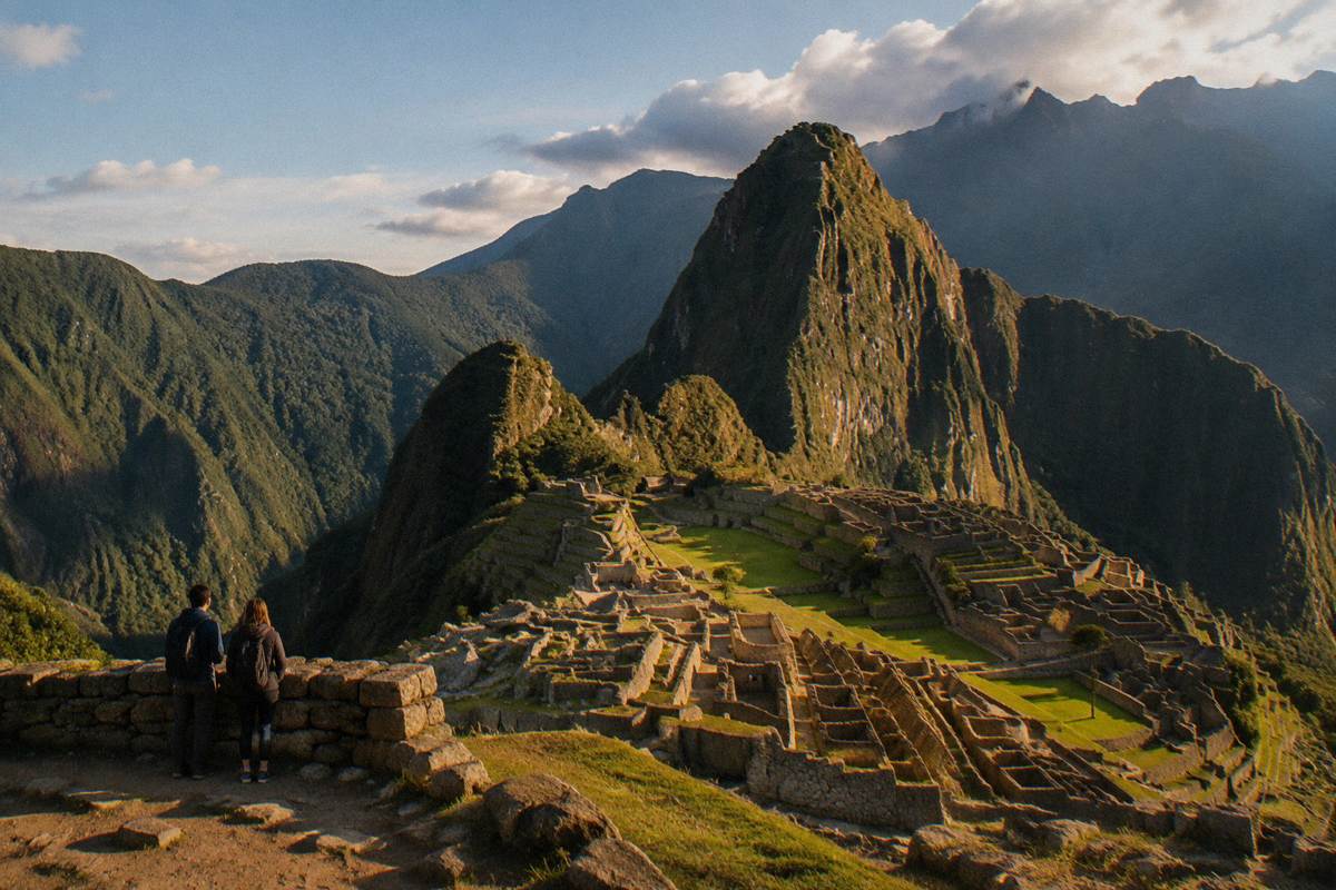 Two tiny distant figures standing at a stone wall overlooking the Machu Picchu citadel and valley, seen from behind