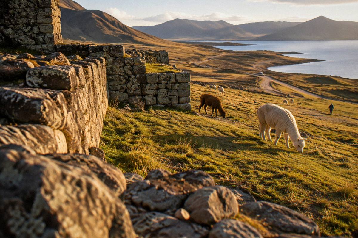 A low stone Inca-era ruin beside a grassy hillside on the high altiplano with grazing alpacas, Puno route
