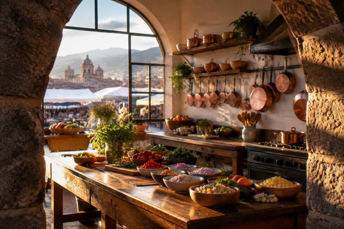 A bright Cusco cooking-class kitchen, a long wooden counter with chopped vegetables, quinoa, corn and herbs in bowls, copper pans on the wall, no one