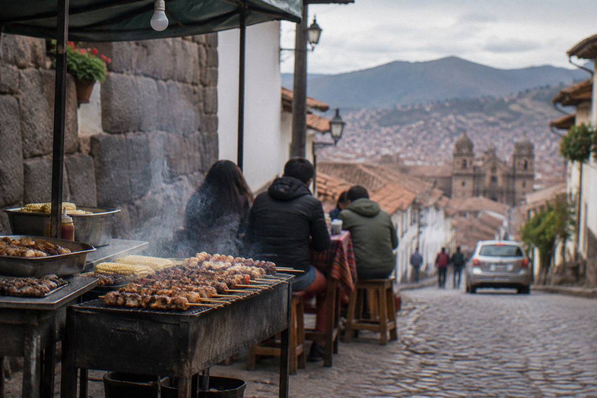 A street food stall at the edge of a cobbled San Blas lane, skewers and corn on a grill with steam rising, a few diners seen from behind