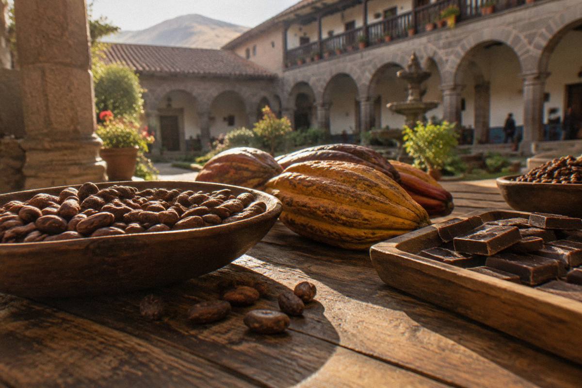 Cacao beans and pods on a wooden workshop table in a bright colonial courtyard, a tray of dark chocolate pieces, no one in frame, ChocoMuseo Cusco