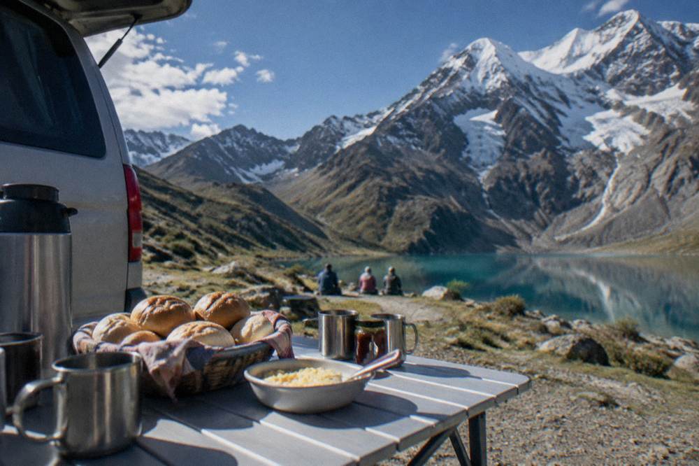 A breakfast table with bread rolls and hot drinks set out beside a van before dawn