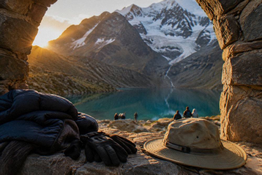 Layered clothing, gloves and a sun hat laid out on a stone surface