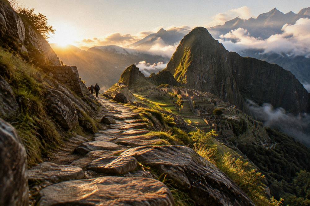 A stone trail winding along a mountain ridge above cloud forest