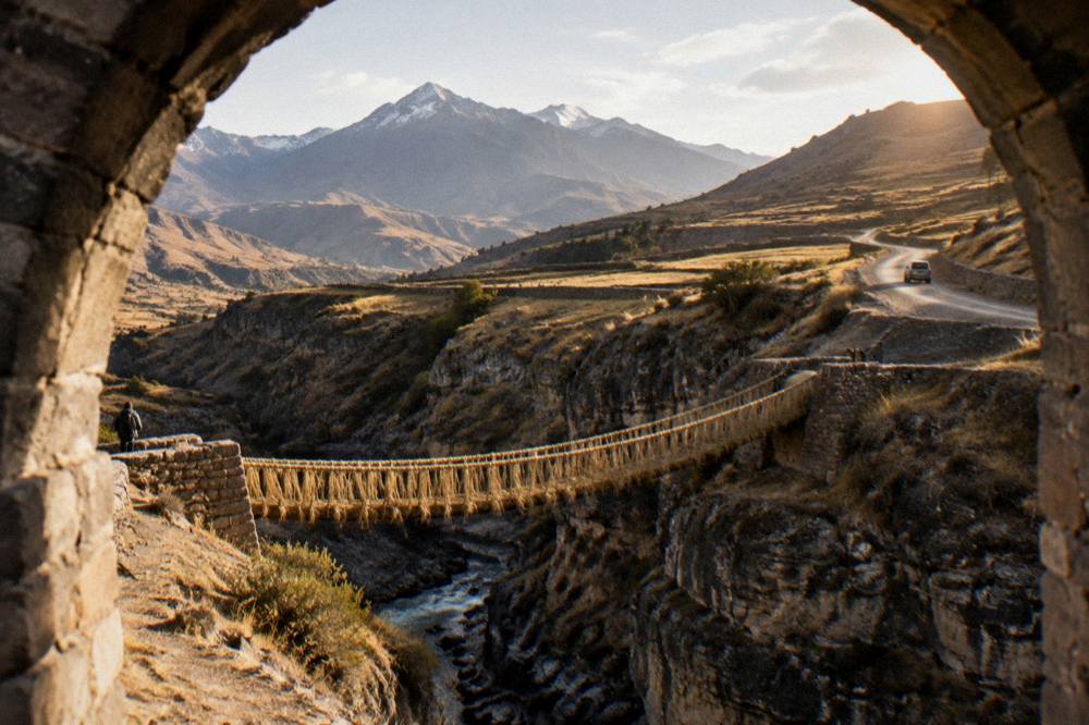 A high Andean road winding across open country toward distant mountains