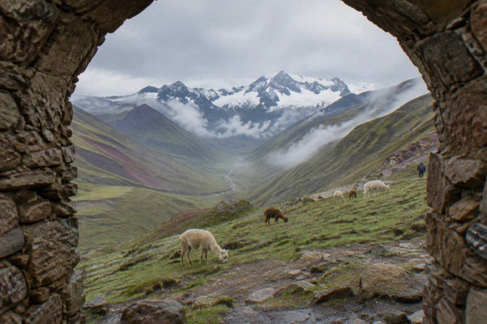 A high Andean valley with alpacas grazing on grassy slopes below snow-capped peaks