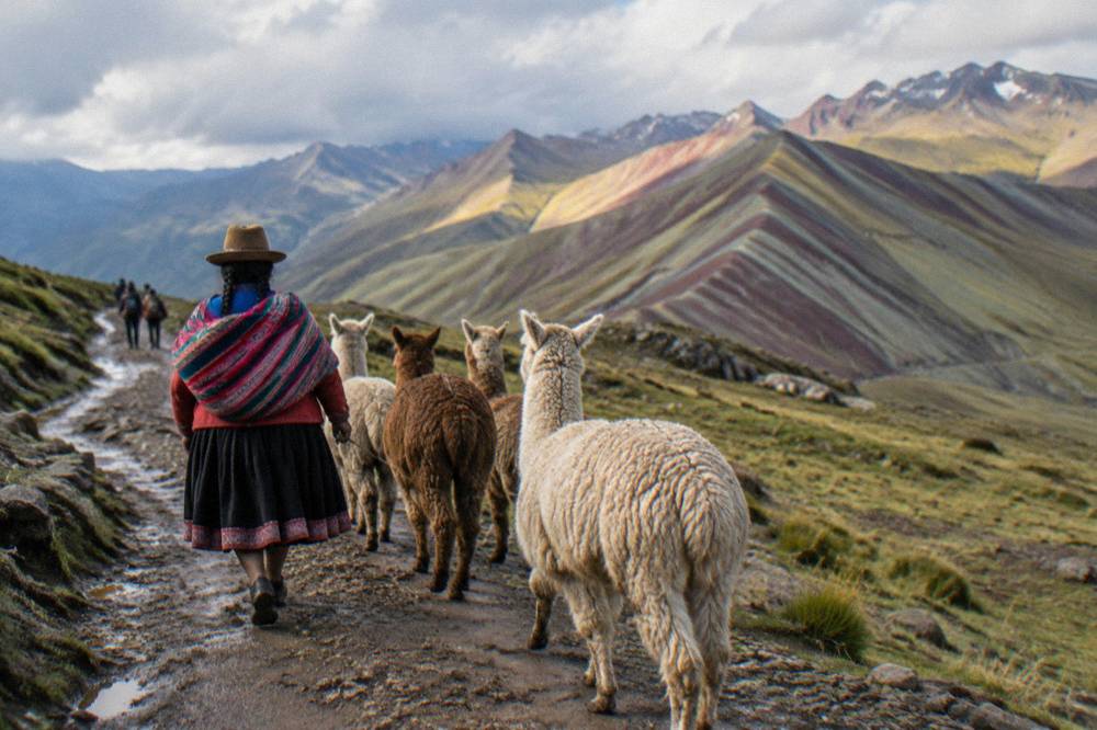 Quechua woman in traditional dress walking beside alpacas on a high plateau trail