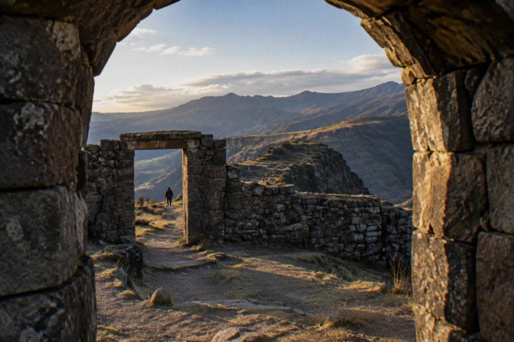 A stone doorway and enclosure wall of an Inca ruin standing alone on a windswept ridge