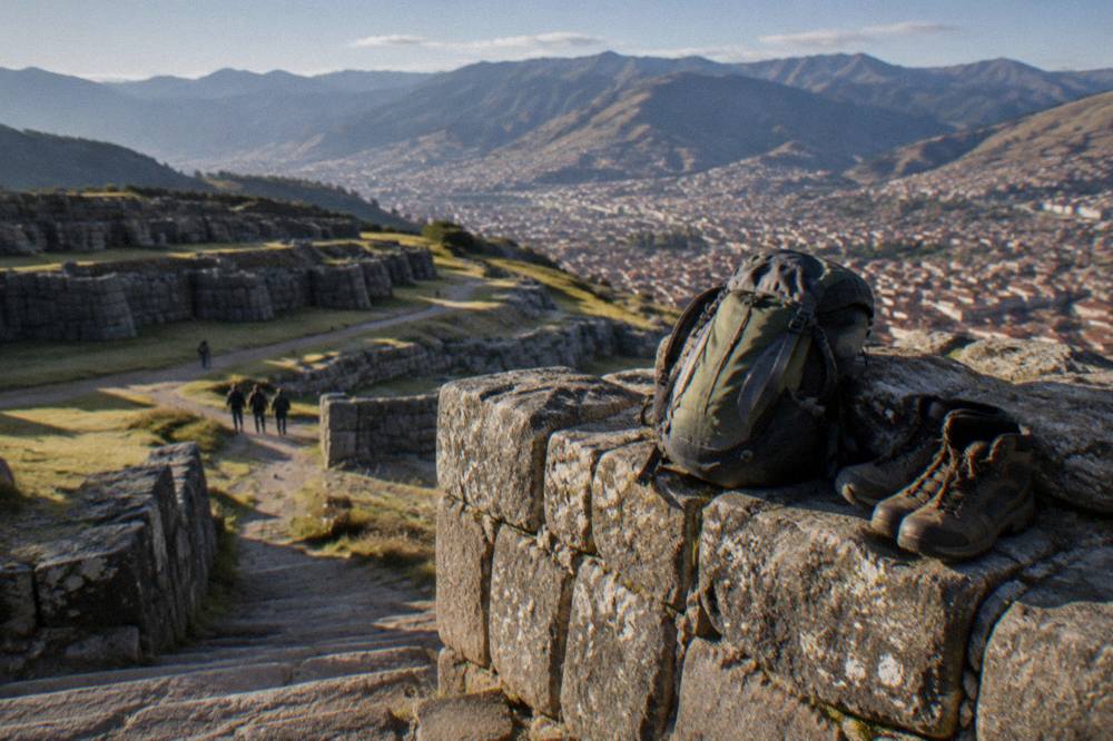 A packed daypack and hiking boots resting on a stone wall above a valley town