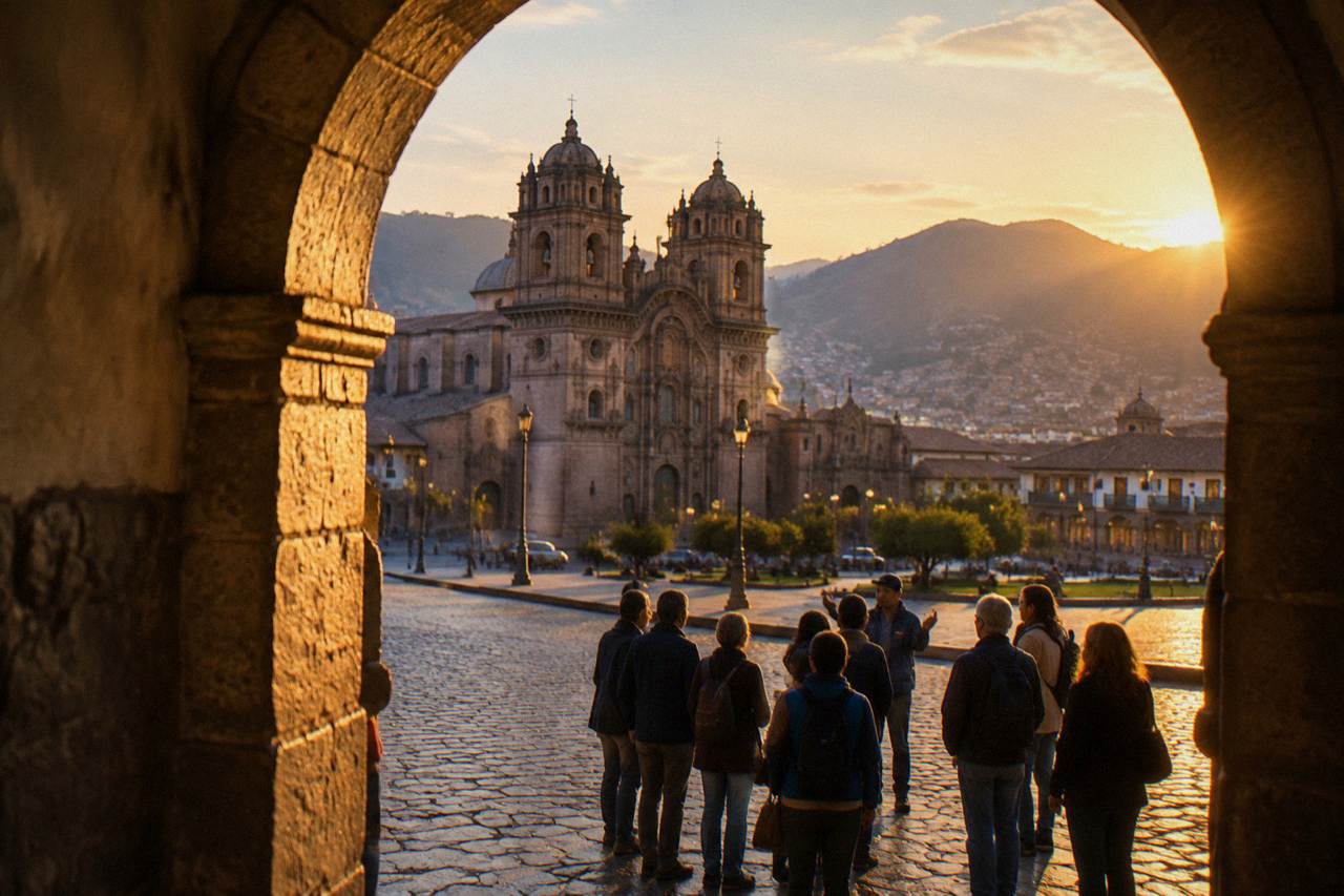 A guided group of visitors standing in a stone-paved colonial street in Cusco listening to a guide