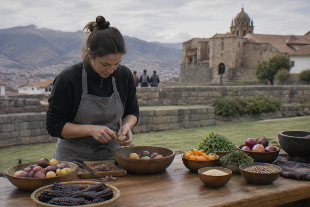 A cooking class participant preparing Andean ingredients on a wooden table in Cusco