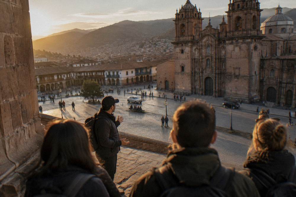 A tour guide speaking to a small group on a plaza in central Cusco