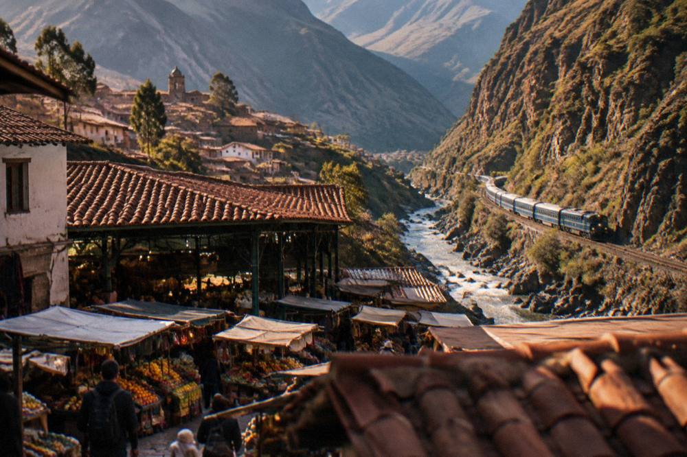 A panoramic train winding along a river gorge toward Machu Picchu