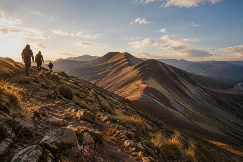Hikers on a ridge trail above a striped mineral mountain in the Andes